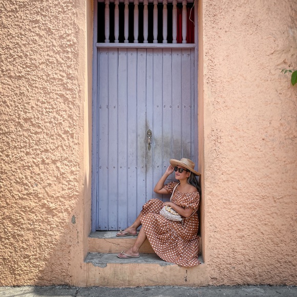 Caroline constas polka dot dress brown small euc - Picture 2 of 2